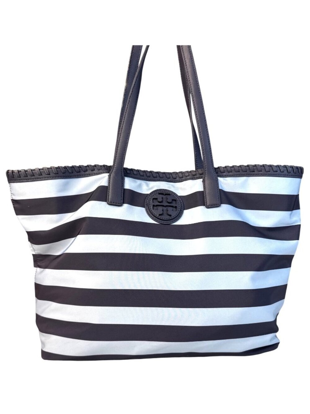 Tory Burch Striped Tote Bag Navy & White 16"x11"x6" Medium Size W/Double Handles